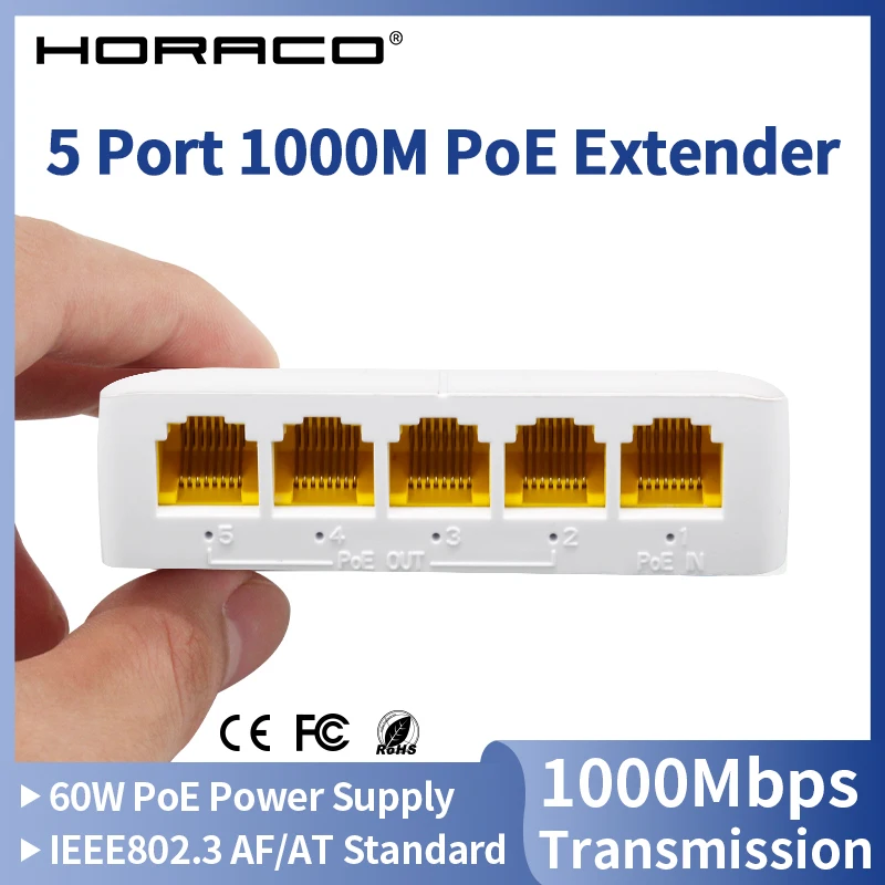 HORACO 5 Port Gigabit POE Extender 4 Port PoE Repeater 100/1000Mbps DIN Rail Network VLAN for 48V POE Camera Wierless AP CCTV