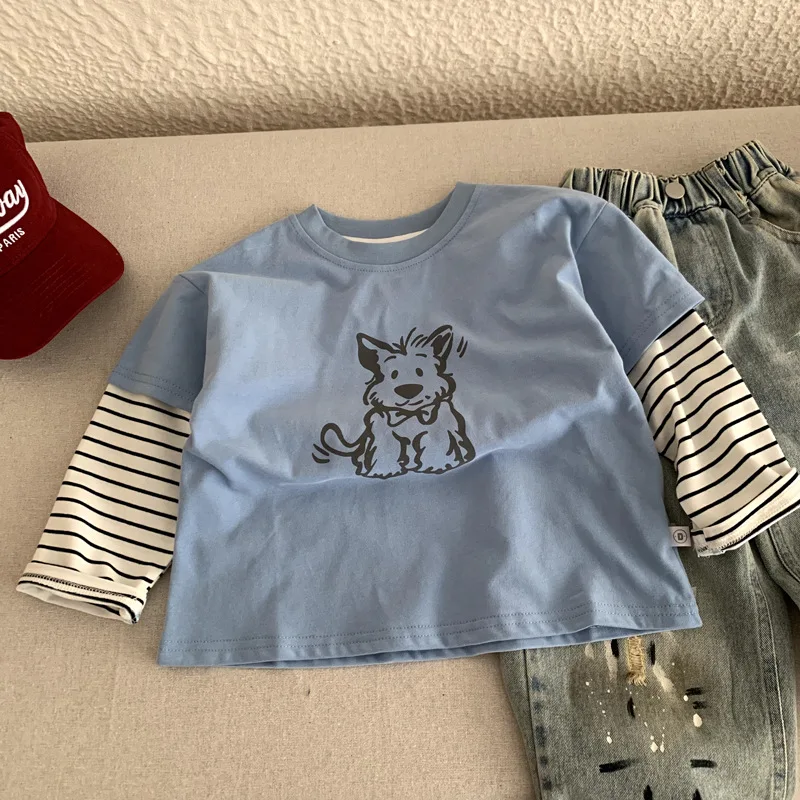Boys T-shirt 2026 Spring and Summer New Childrens Clothes Korean Boys and Girls Loose Casual Fake Two Stitching Striped T-shirts