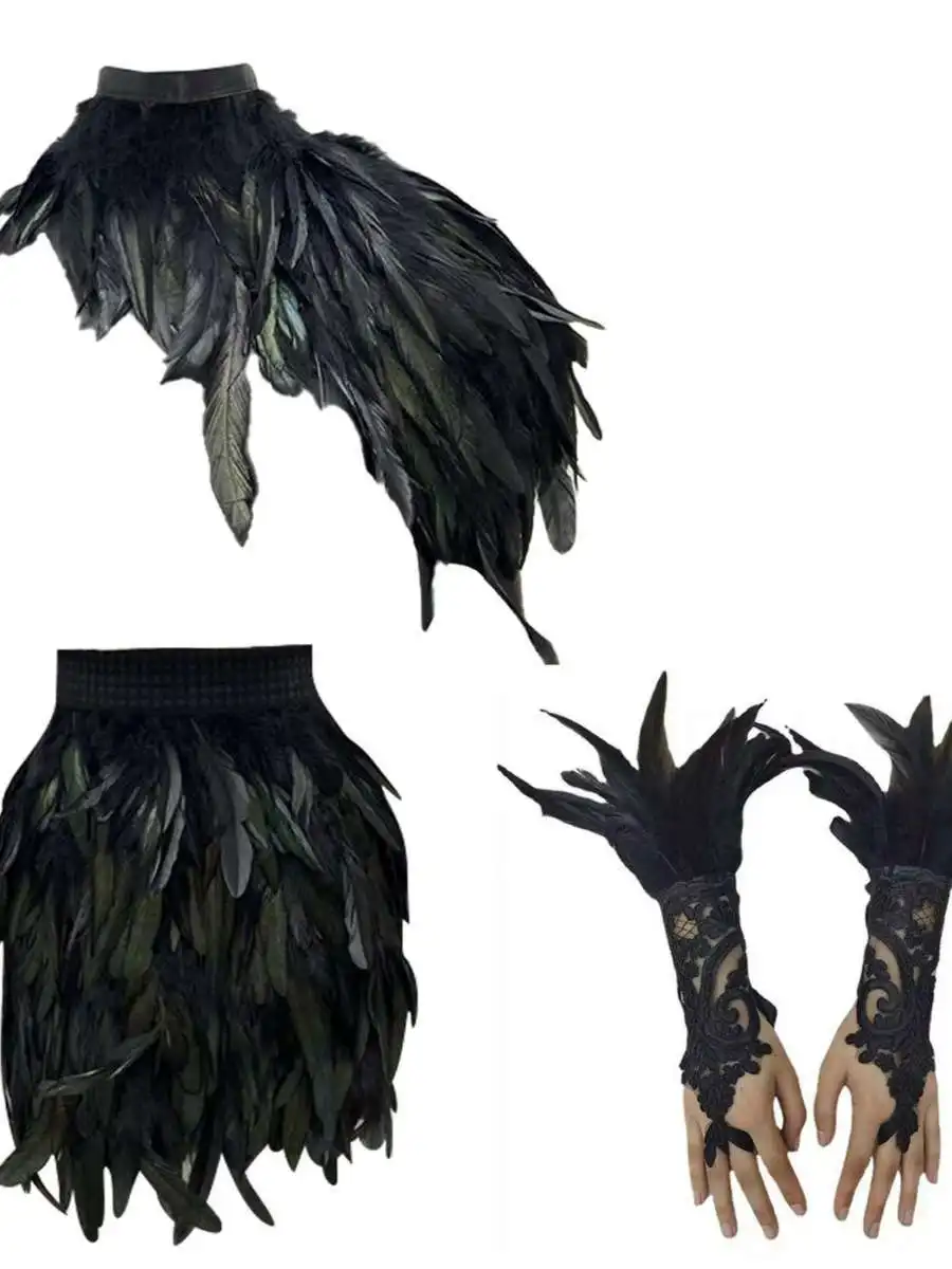 Gothic Style Halloween Party Feather Skirt Gloves And Shoulder Decorations Set for Women Straight Cut mid Length PVC Skirt