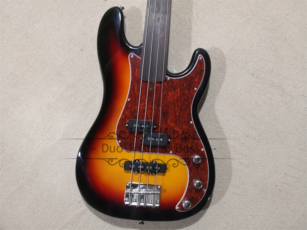 Fretless Bass Guitar 4 Strings Sunburst Bass Basswood Body Red tortoiseshell Pickguard  Fixed Bridge Chrome Tuners