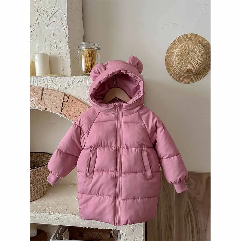 2024 Girls Winter Coat Boys Padded Thickened Warm Long Outerwear Children Solid Color Hooded New Clothes Jacket 2-8 Years Old