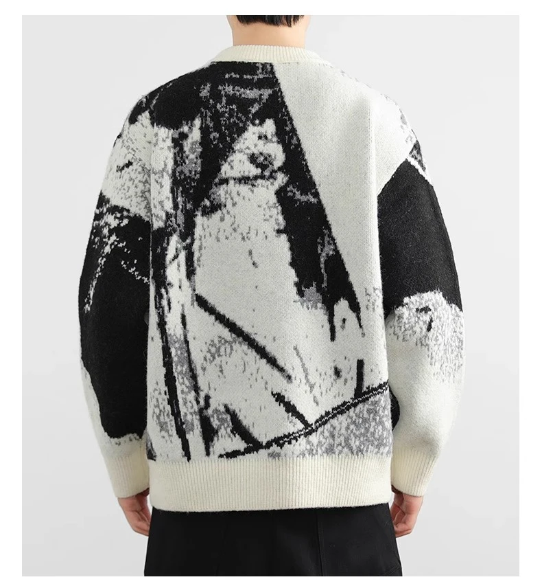 2025 Autumn Winter New Men's White Casual Pullover Sweater High-end Design Dark Gray Round Neck Long Sleeve Knitted Sweater