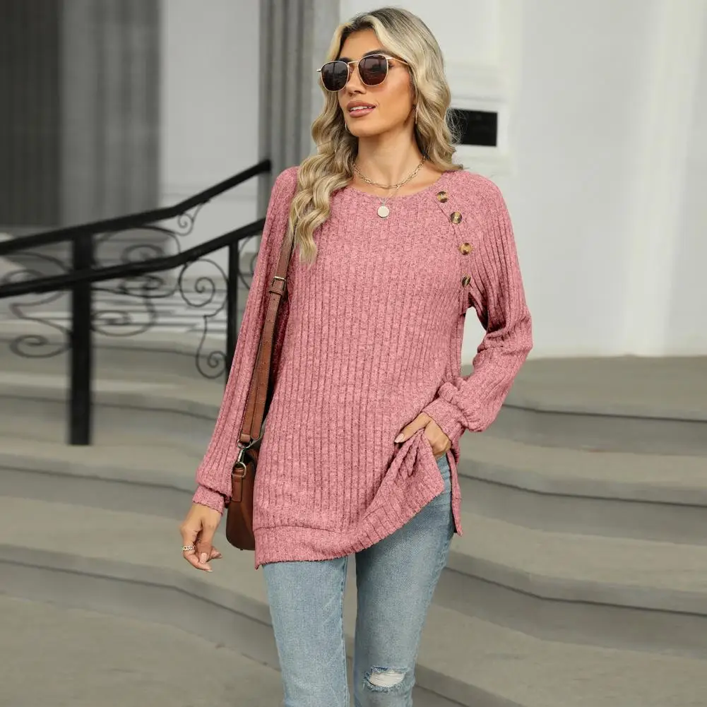 Comfy Round Neck Tee Round Neck Long Sleeve Top Stylish Women's Long Sleeve Tee with Button Detail Side for Everyday for Comfort