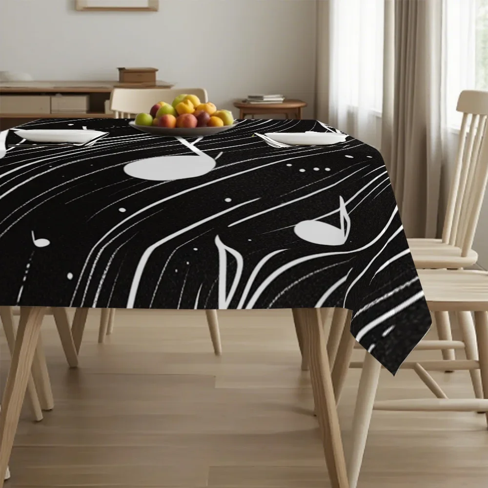 A tablecloth with a floating music score design, which is perfect for enhancing the appearance of an extended dining table.xzj