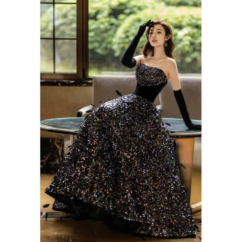 robe-de-soiree-noire-a-paillettes-pour-femmes-nouveau-style-de-toast-du-nouvel-an-robe-d'hote-de-spectacle-de-luxe-legere-haut-de-gamme-pour-mariee-2025