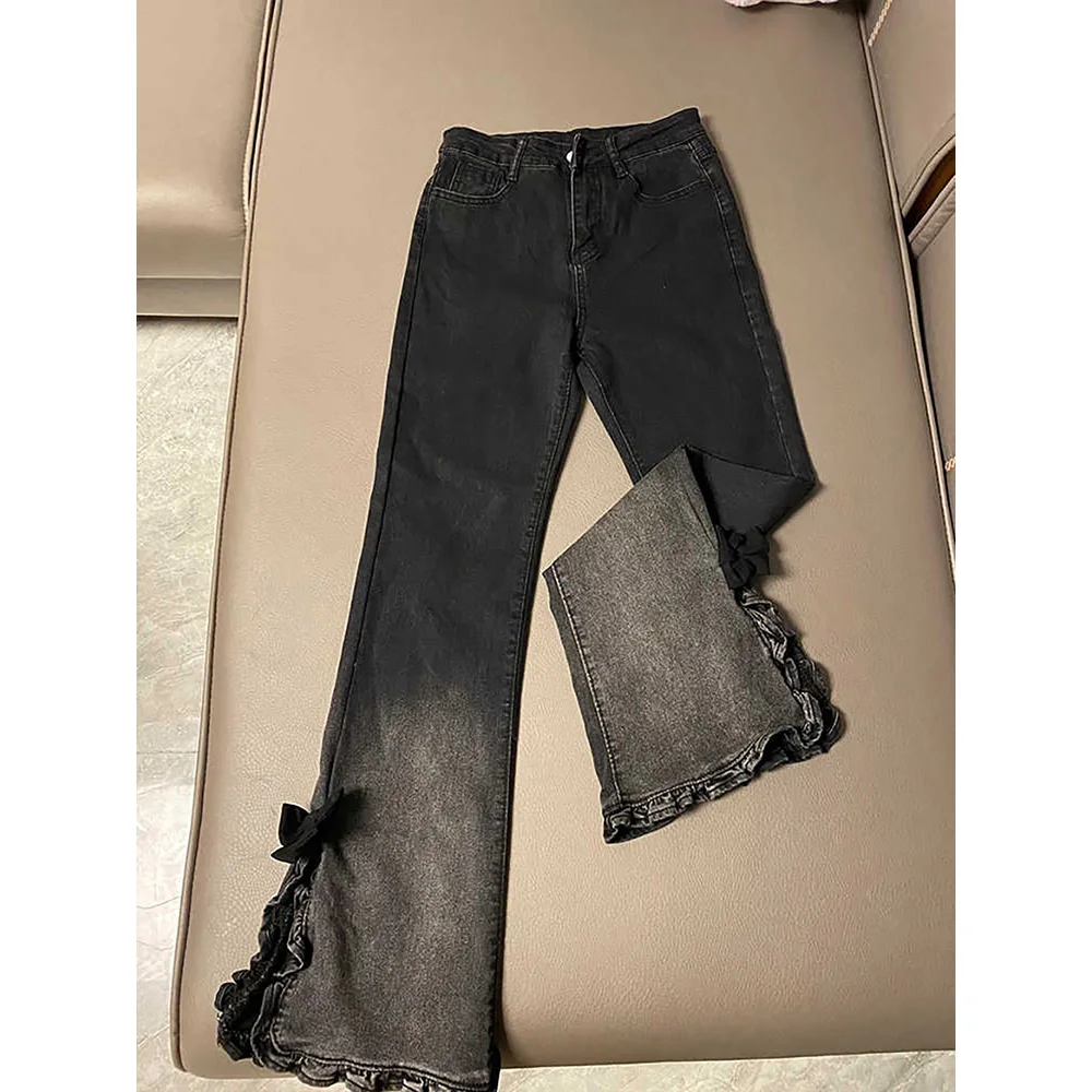 Retro Bow Split Flared Jeans for Women Fashion High Waist Slim Fit Denim Pants Oversized Skinny Black Grey Jeans Female Trousers