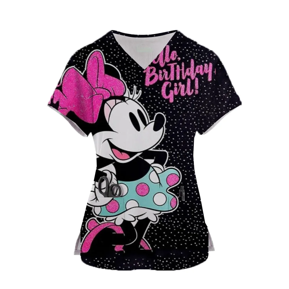 ديزني ميني طباعة زي موحد للممرضات للنساء ، أكمام قصيرة ، قمم الرقبة ، بلوزة العمل ، ملابس العمل ، قمصان التمريض