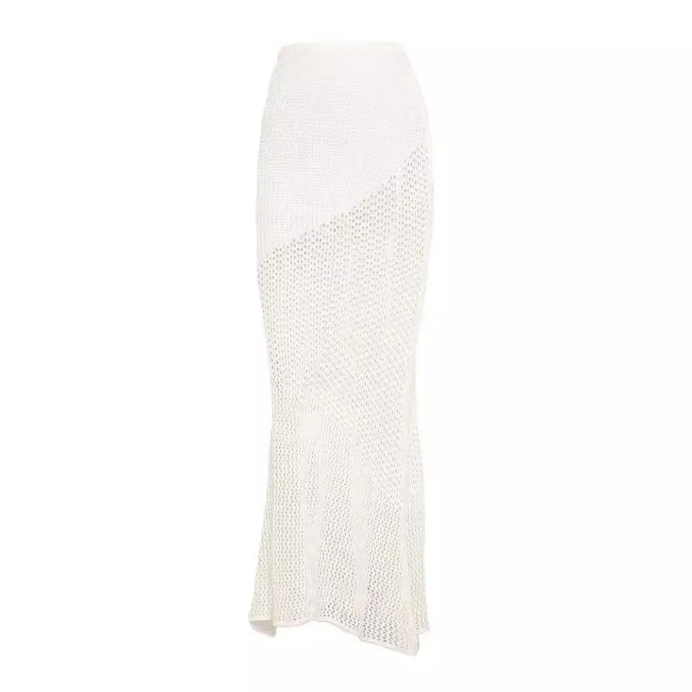 XIZOU 니트 여성 2 피스 세트 우아한 꽃 술 홀터 캐미솔 + 롱 스커트 매칭 스키니 스트레치 휴가 의상 2024