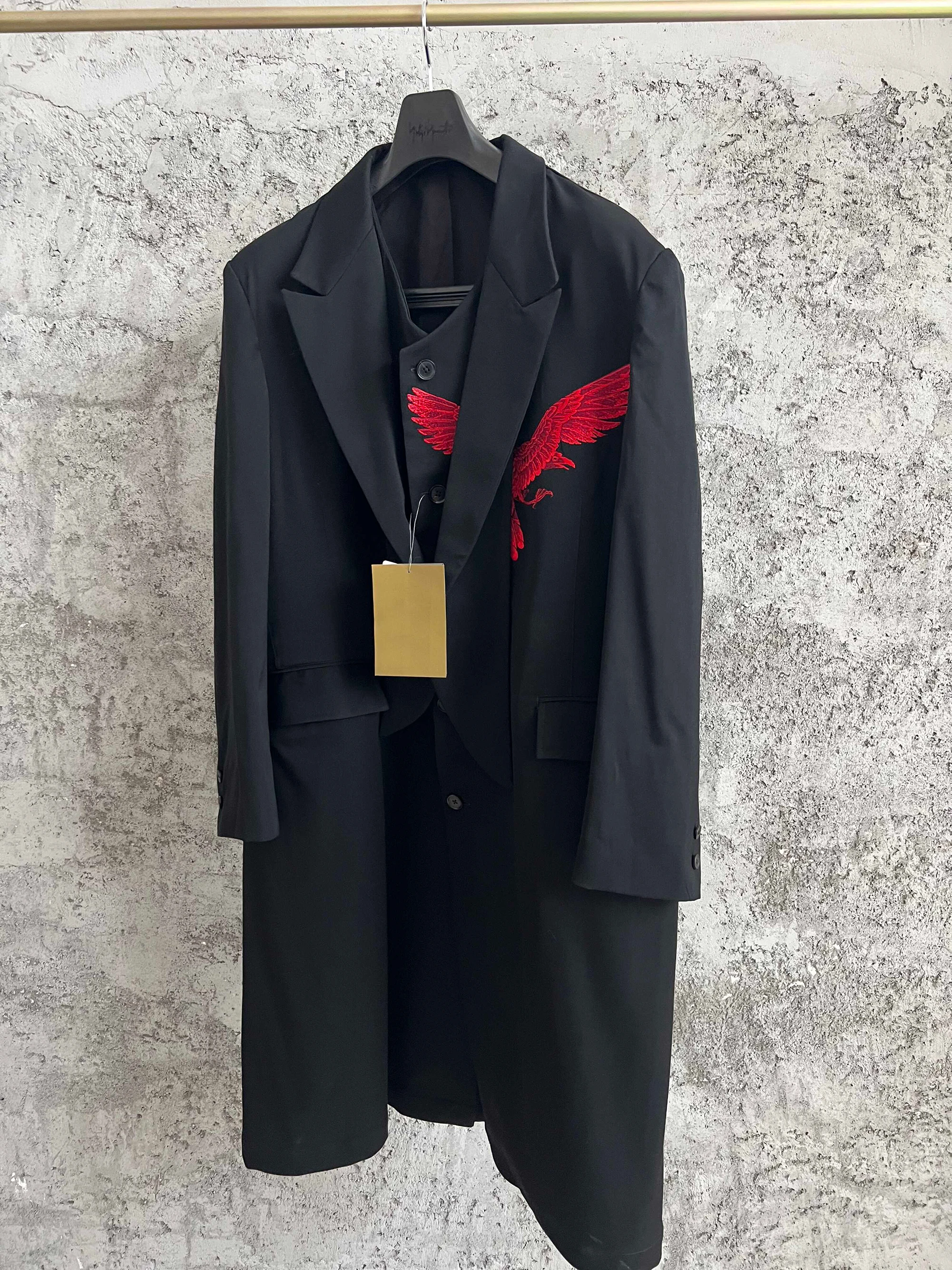 معطف مزدوج من TOP-YAMAMOTO مطرز بالغراب الأحمر، صوف، كاجوال وفضفاض #4