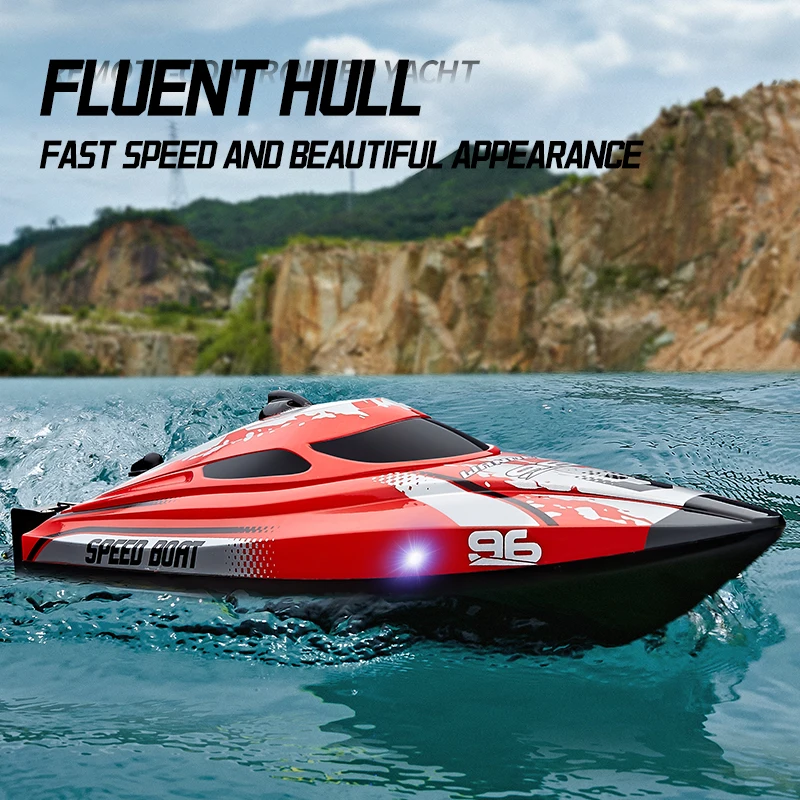 Hjusk-Bateau télécommandé à grande vitesse pour enfants, bateau de vitesse d'eau avec lumière, jouet aquatique, cadeau de course, soleil, batterie RC, 2.4GHz