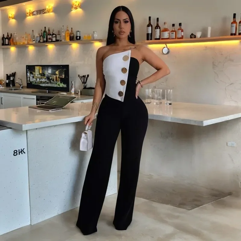 

GUWU Sexy Strapless Sleeveless Irregular Girl Jumpsuits 2025 Elegant Button Spring Women's Overalls Outfits Night Club Street