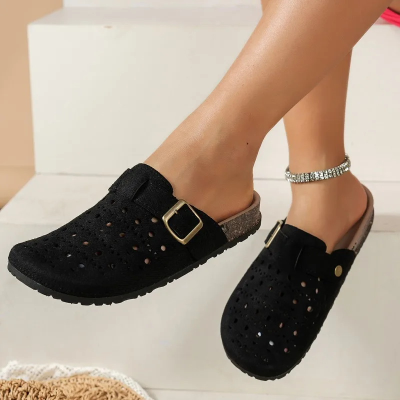 Women's Suede Laser Cutout Buckle Mule Sandals Round Toe Slip-On Comfort Casual Summer Breathable Closed Toe Cork Shoes view 4