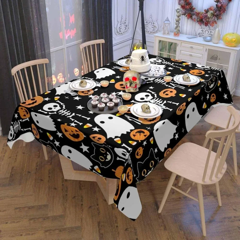 1Pc Halloween Style Tablecloth Black White Orange Ghost Pumpkin Skull Skeleton Print Table Cover For Party Dinner Decoration Wat