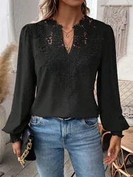 Chemise de Luxe en Dentelle Ajourée à Col en V pour Femme, Haut à Manches sulf, de Couleur Unie, Élégant, pour le Bureau, 03/Blouse