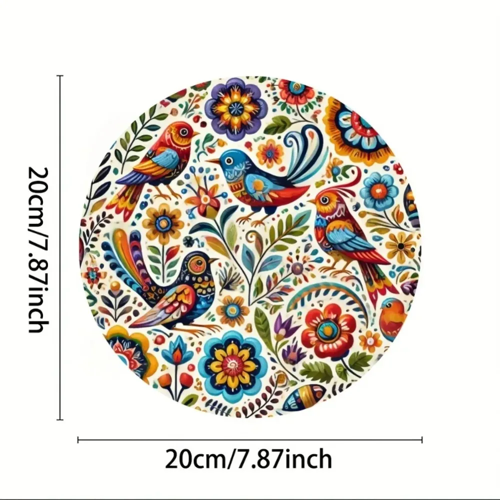 Bohemian Folk Art Colorful Birds & Flowers Round Metal Sign, 2D Flat Print Wall Decor, Weatherproof Rustic Tin Plaque