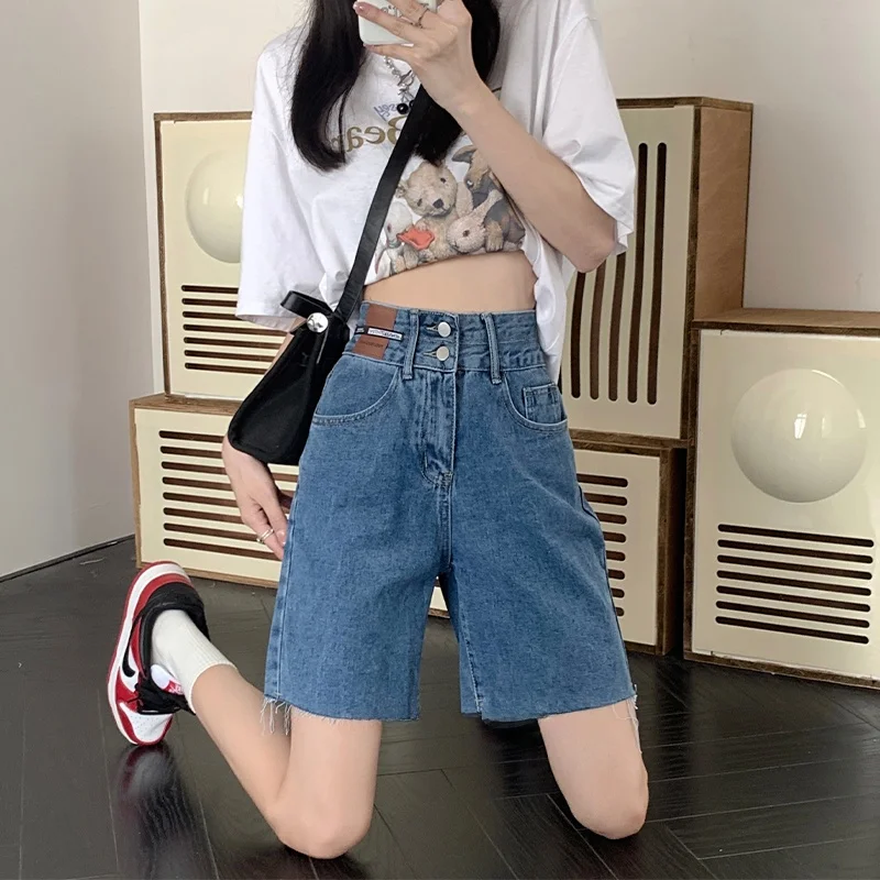 

Джинсы женские с высокой талией и широкими штанинами, летние, 2024, новинка, в стиле ретро, джинсовые брюки-пятиштанины, с эффектом стройности, большие размеры, прямые...