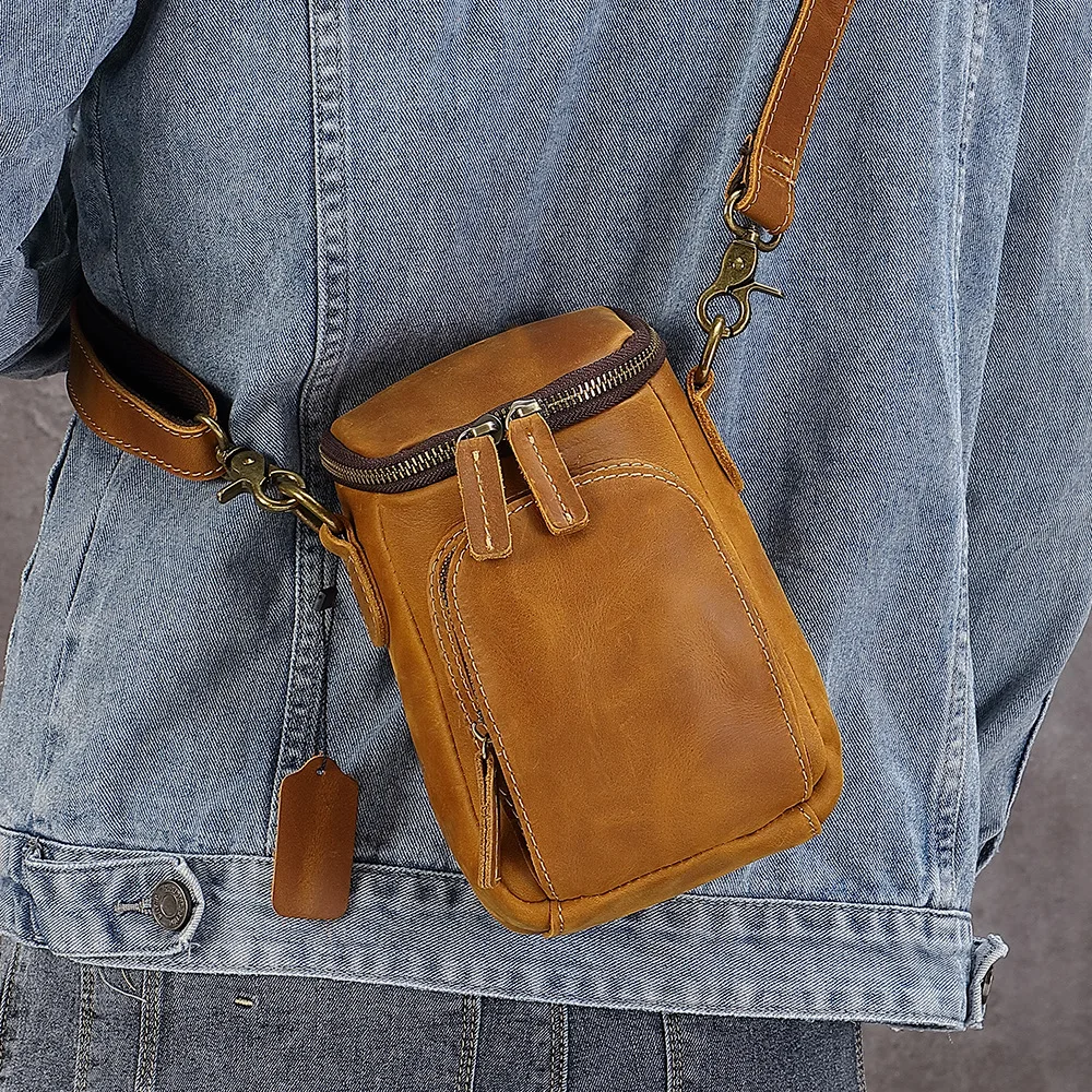 

YL-18D-211 Retro leather casual men's crossbody bag, top layer cowhide, wearing belt, mobile phone waist hanging bag