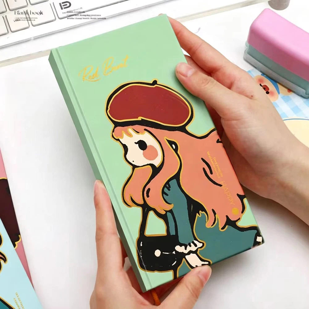 112 Sheets Blank Hardcover Notebook, Thickened Cute Beret Girl Notebook, Student Diary,Suitable for Office and Study