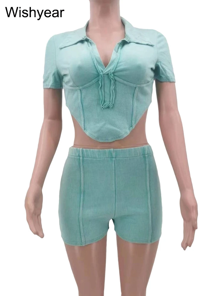 Summer Green Two 2 Pieces Women‘s Set Lapel Collar Short Sleeve Crop Top and Shorts Beach Club  Outfits Fitness Slim Sportswear