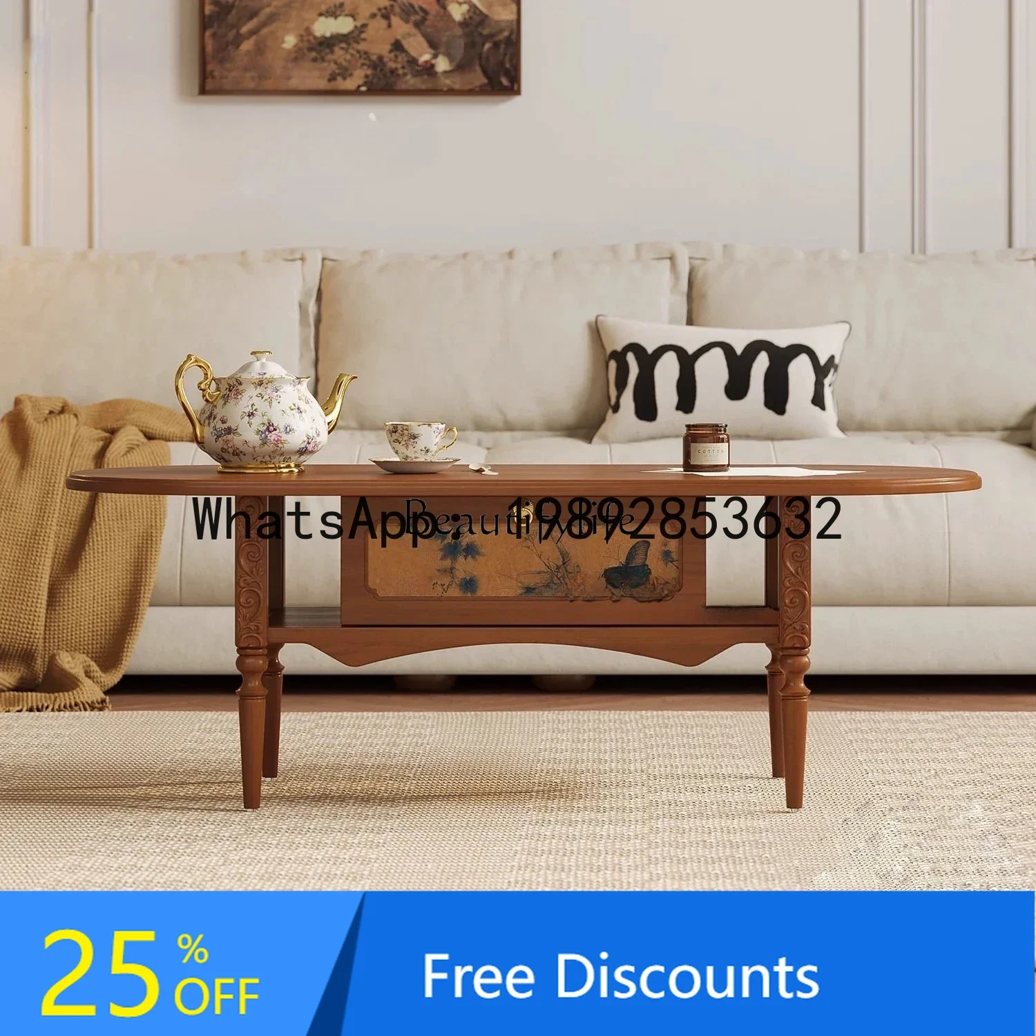 

XL Medieval solid wood coffee table living room French retro teak color fragrant cloud yarn coffee table