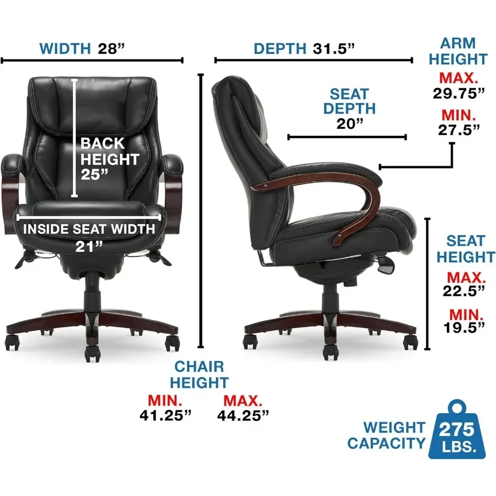 Executive Office Chair With Memory Foam Cushions, Solid Wood Arms And Base, Waterfall Seat Edge, Bon, Black Desk Chairs