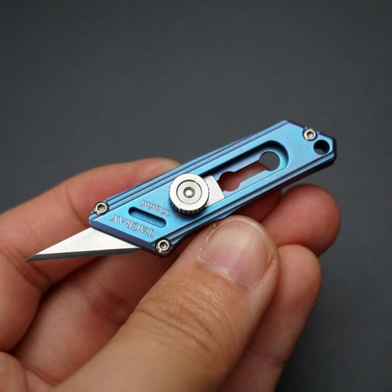 Blue Titanium Alloy Push Pocket Knife Multifunctional Keychain Utility Knife Survival EDC Tool Express Cutter can Replace Blade