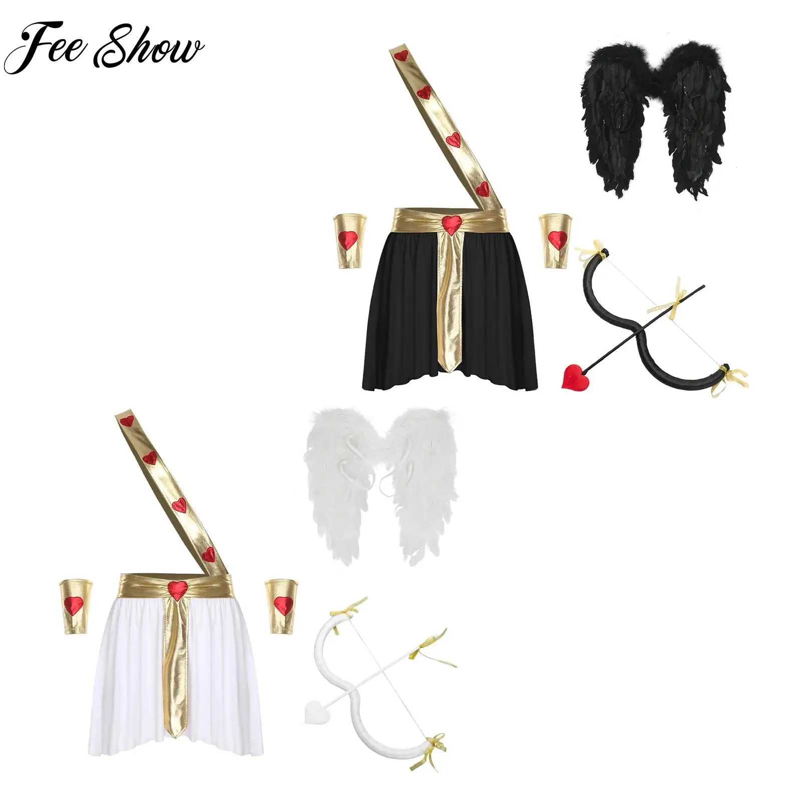 

New Men's Valentine Roman God of Love Dress Up Costumes Halloween Cupid Cosplay Outfits Heart Pattern Skirts+Accessories Outfits