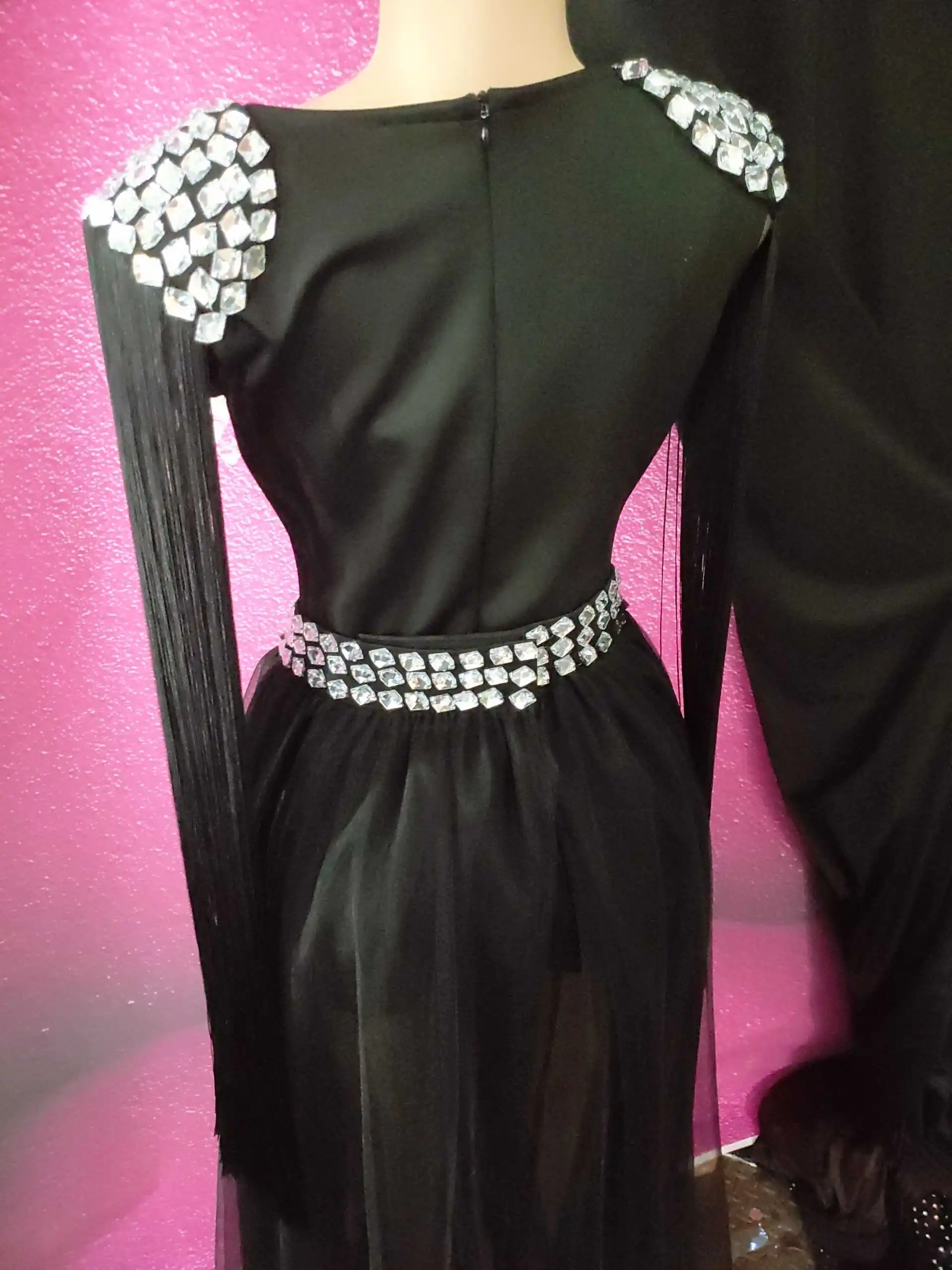 Ropa de espectáculo escénico para mujer, cantante, Bar, concierto, mono plateado y negro con diamantes de imitación, trajes de cola de malla, disfraz de Drag Queen