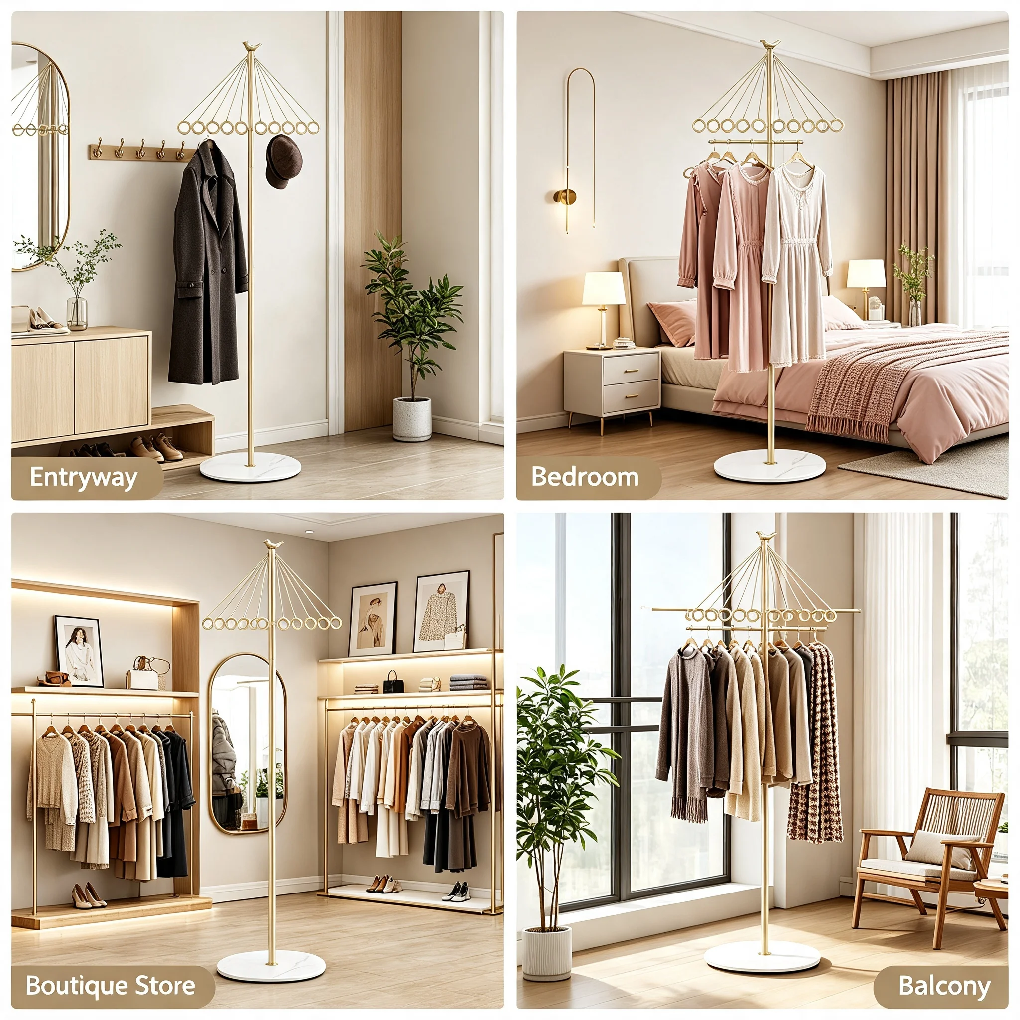 Freestanding Clothing Rack with 10 Hooks, Umbrella-Shaped Metal Garment Stand with Rock Slab Base, 33 lbs Capacity for Entryway Bedroom, Gold/White