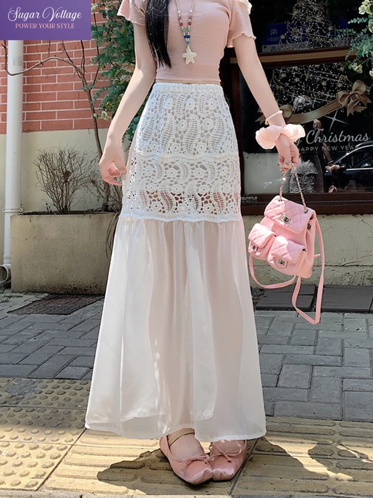 

Boho Fairycore Style Midi Skirt Women White High Waist Lace Crochet and Chiffon Patchwork Soft Flowing Vacation Sweet Lone Skirt