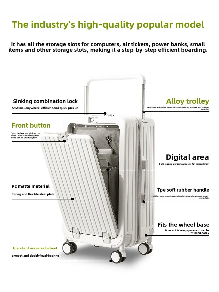 

2025 new front opening 20 inch boarding suitcase multi-function password case 26 wide tie rod large capacity suitcase