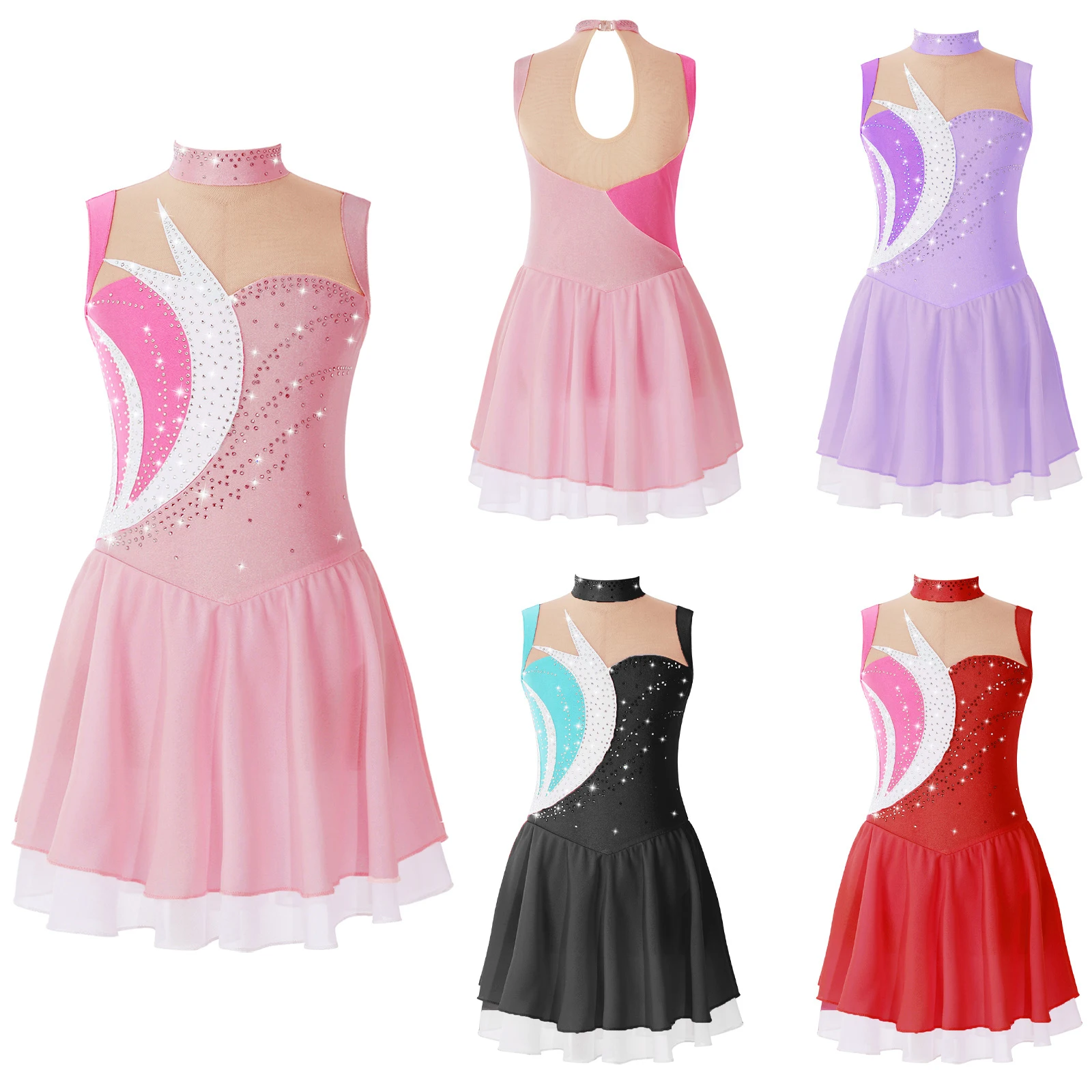 Kids Girls Rhinestone Ballet Dance Tutu Dress Leotard Lyrical Modern Contemporary Figure Skating Costumes Ballroom Dancewear