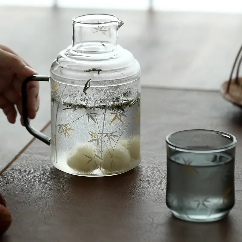Hand Painted Bamboo Leaf Glass Teapot Heat Resistant Master Cup Kettle with 3D Decal for Single Person Tea Brewing Cold