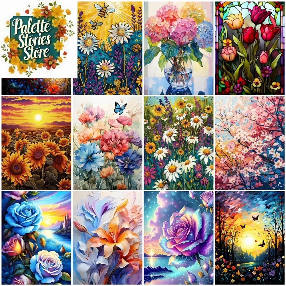 

2024 Новая картина для взрослых по номерам, цветы, ромашка, ремесленная распродажа, картина маслом, подсолнух, роза, акриловая краска на холсте, декор для стен (