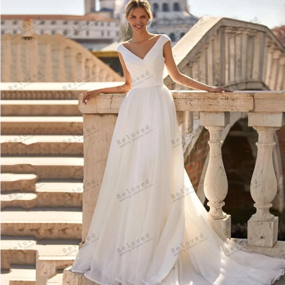 Vestidos De Novia elegantes De satén con cuello en V, vestidos De Novia clásicos sin mangas con espalda descubierta para fiesta Formal