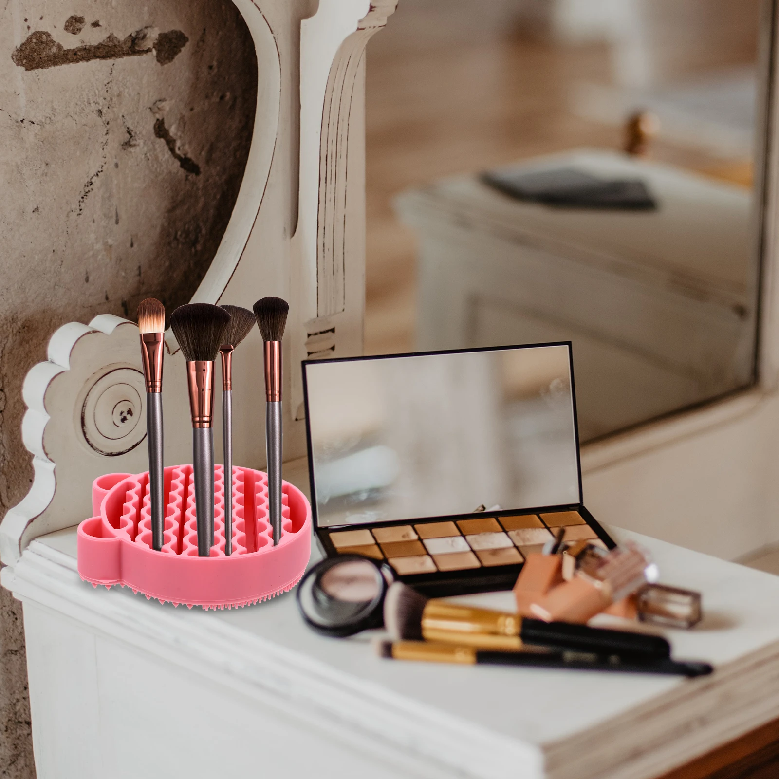 

Silicone Makeup Brush Cleaner Mat 2 in 1 Brush Storage Holder Portable Cleaning Pad Red Drying Stand for Women