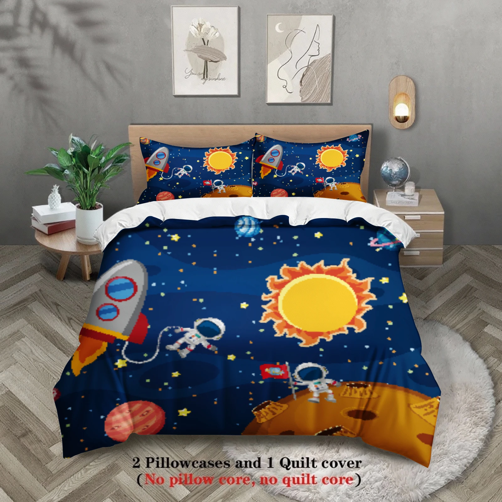 3pcs Space Theme Bedding Sets Dormitory For Students Teen 3D Printed Rocket And Sun Duvet Cover Sets With Pillowcases No Filling