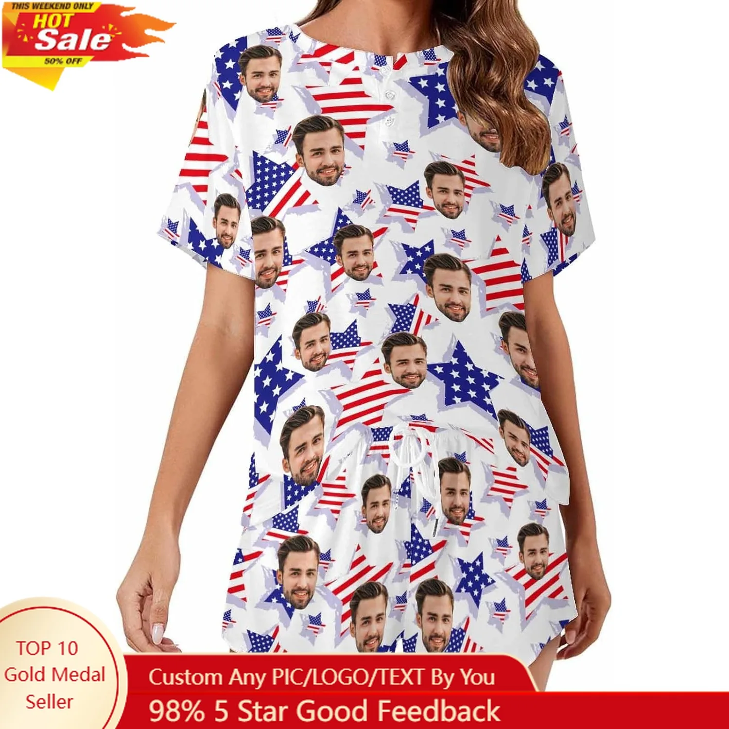 Custom Short Pajamas Set With Photo, Women Personalized Lounge Set, Funny Face Printed Sleepwear, Soft Tracksuit Gift