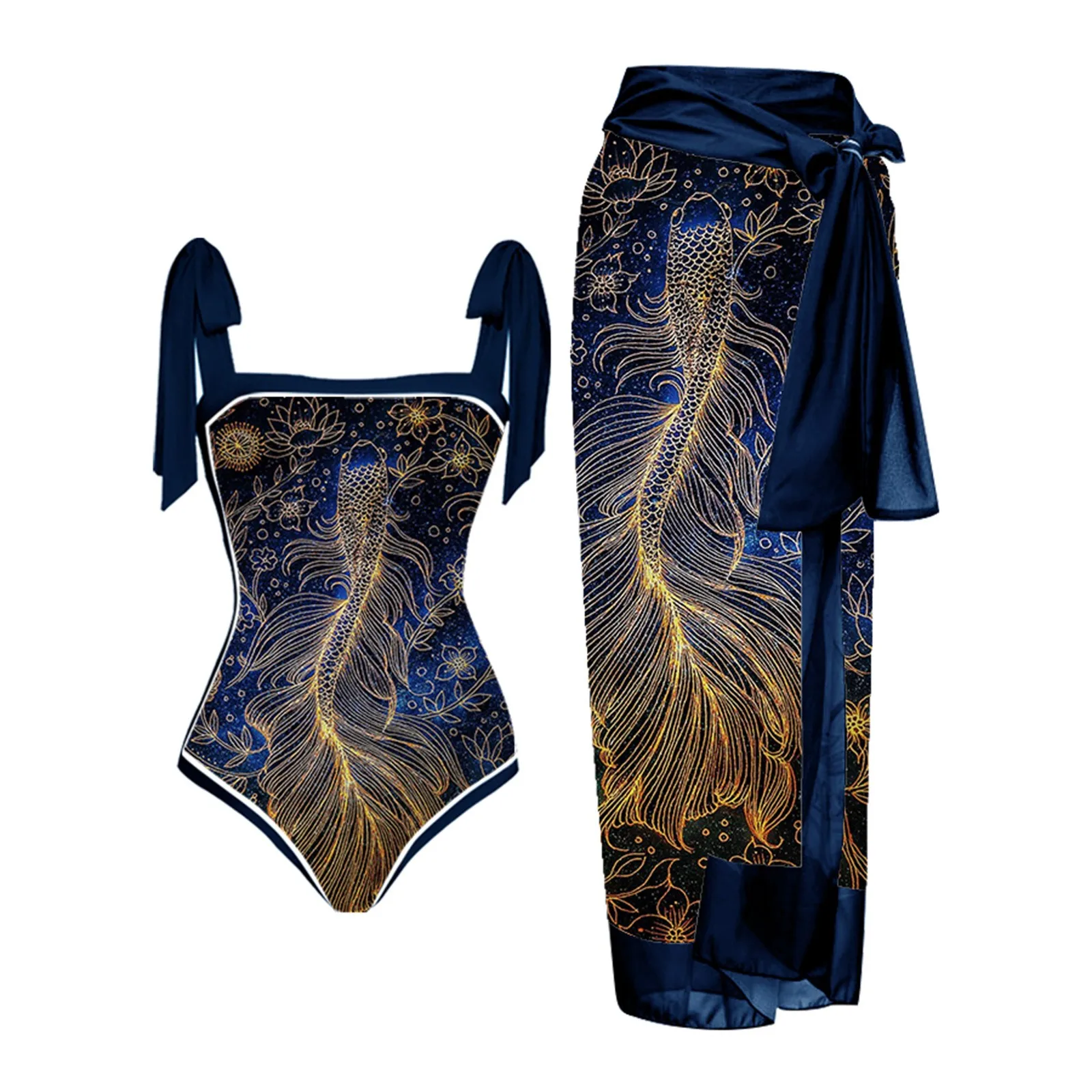 Ladies Vintage Colorblock Abstract Floral Printing 1 Piece Swimwear And 1 Piece Cover UP Swimsuit Monokini Two Piece Suits