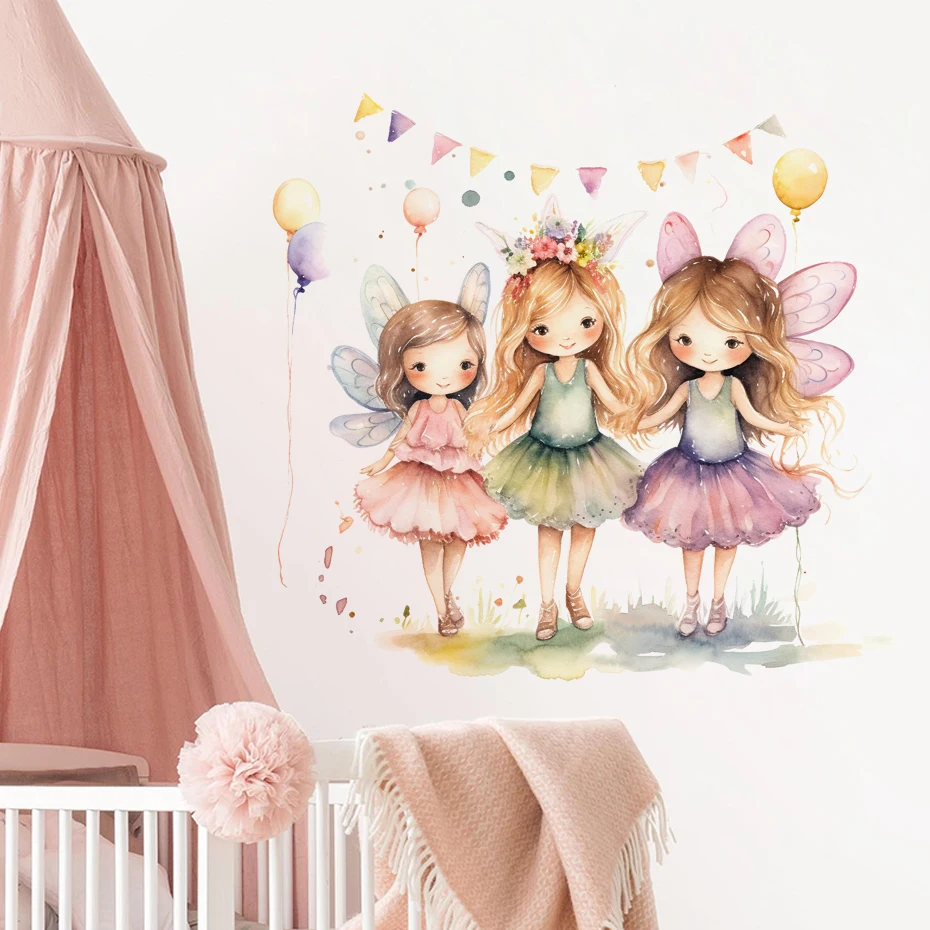 

Cartoon Fairy Birthday Party Wall Stickers for Kids Room Baby Girls Nursery Room Art Decals Cute Elves Stickers