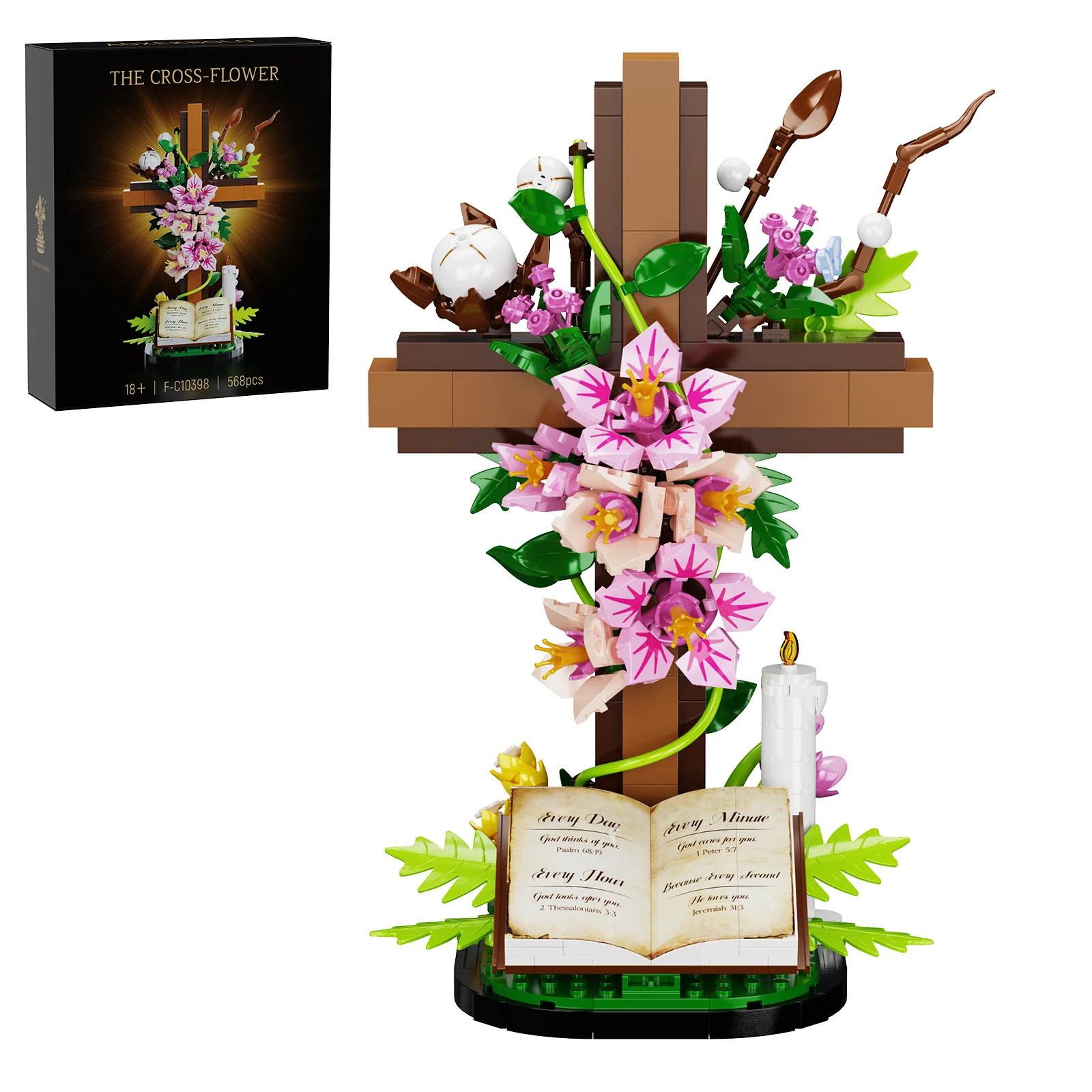 Jesus Cross Flowers Building Blocks Set Easter Bible Themed Decorative Items Catholic Religious Gifts for Adults (568 PCS)