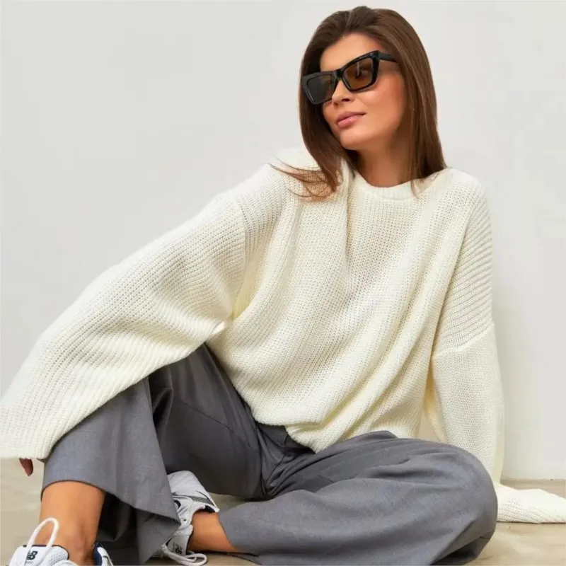 

Trendy Oversized Chunky Knit Crew Neck Sweater Solid Color Cozy Pullover for Plus Size 2025 Women Casual Daily Wear