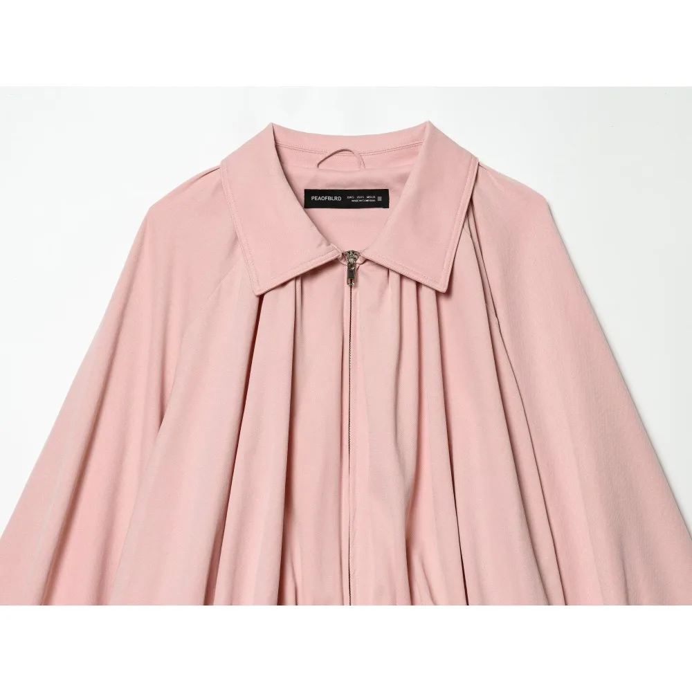 Spring New in Pink Lapel Collar Bomber Jackets for Women Stylish Long Puff Sleeves Zippered Outwears with Asymmetric Puffed Hem