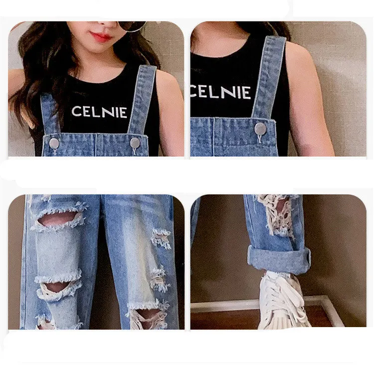 Cooler Overall mit Löchern für Mädchen, Sommermode, zerrissene Jeans-Latzhose, Kinder-Streetwear, abgenutztes Kostüm, 4 5 6 8 9 10 12 14 Jahre – Detail 8