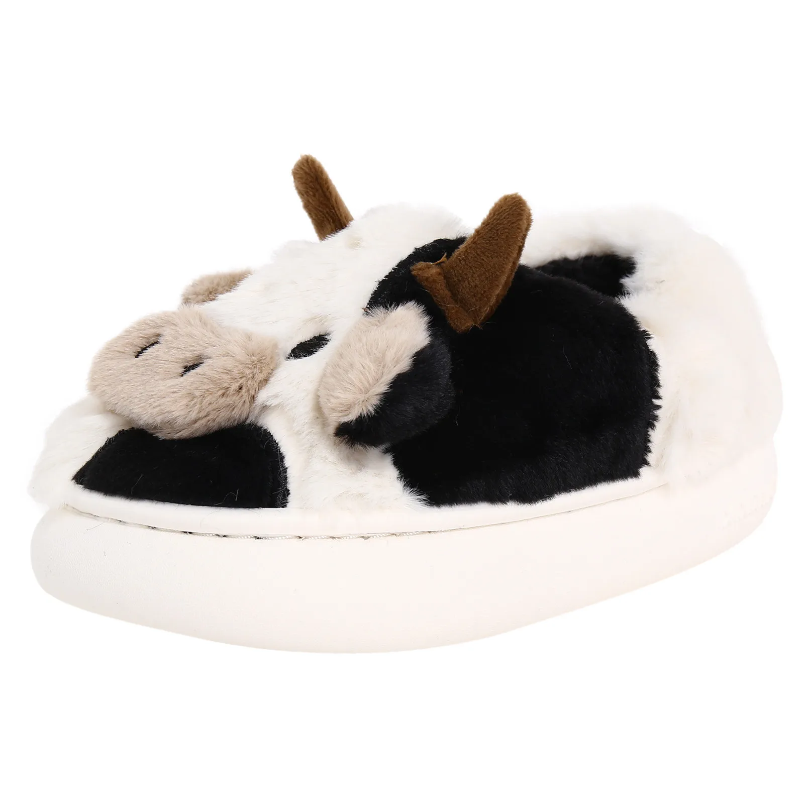 Pantoufles en fourrure d\'animaux pour enfants, pantoufles chaudes moelleuses, vache à lait de dessin animé, chaussures en coton pour la maison,