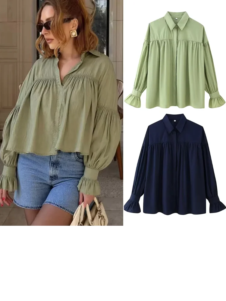 

Solid Casual Women Baggy Blouse Lapel Single Breasted Ruffle Flare Long Sleeve Patchwork Tops 2025 Lady Daily Commute Streetwear