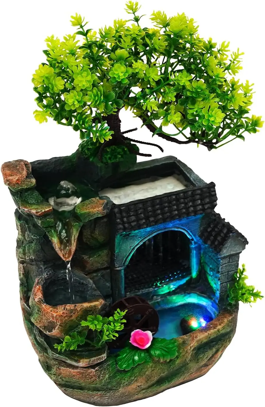 Indoor Resin Rockery Water Fountain for Desk, Tabletop Waterfall with Artificial Bonsai Tree, LED-Lighted Desktop Fountain & Pump, Meditation Relaxation Decor for Office