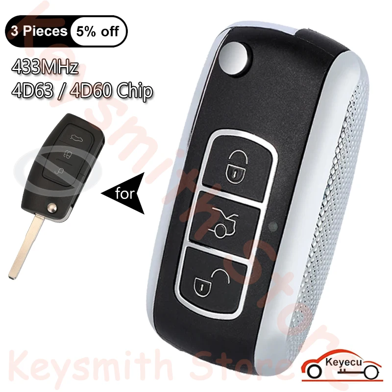 

KEYECU 3 Buttons 433MHz 4D60 4D63 Chip for Ford Mondeo C-Max S-Max Galaxy Fiesta Auto Upgraded Flip Remote Key Fob HU101 Blade