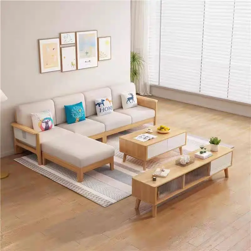 Solid wood sofa combination living room four-seater chaise corner sofa rubber wood full solid wood frame sofa