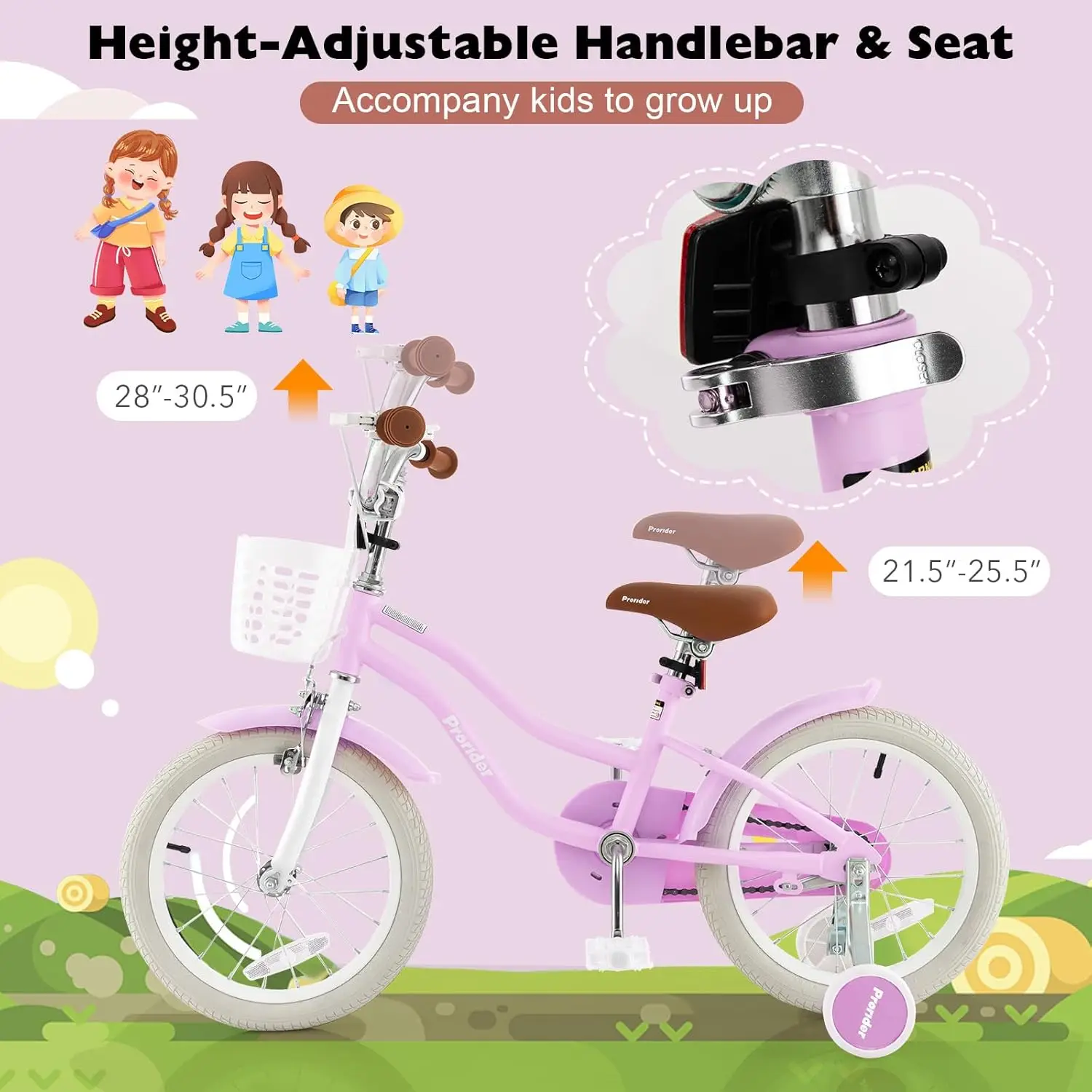 Rower dziecięcy, 12 14 16 18 20 cali, rower dla chłopców i dziewcząt z regulowanym siedziskiem, wyjmowanym koszykiem, hamulcem ręcznym i hamulcem nożnym, koła pomocnicze o